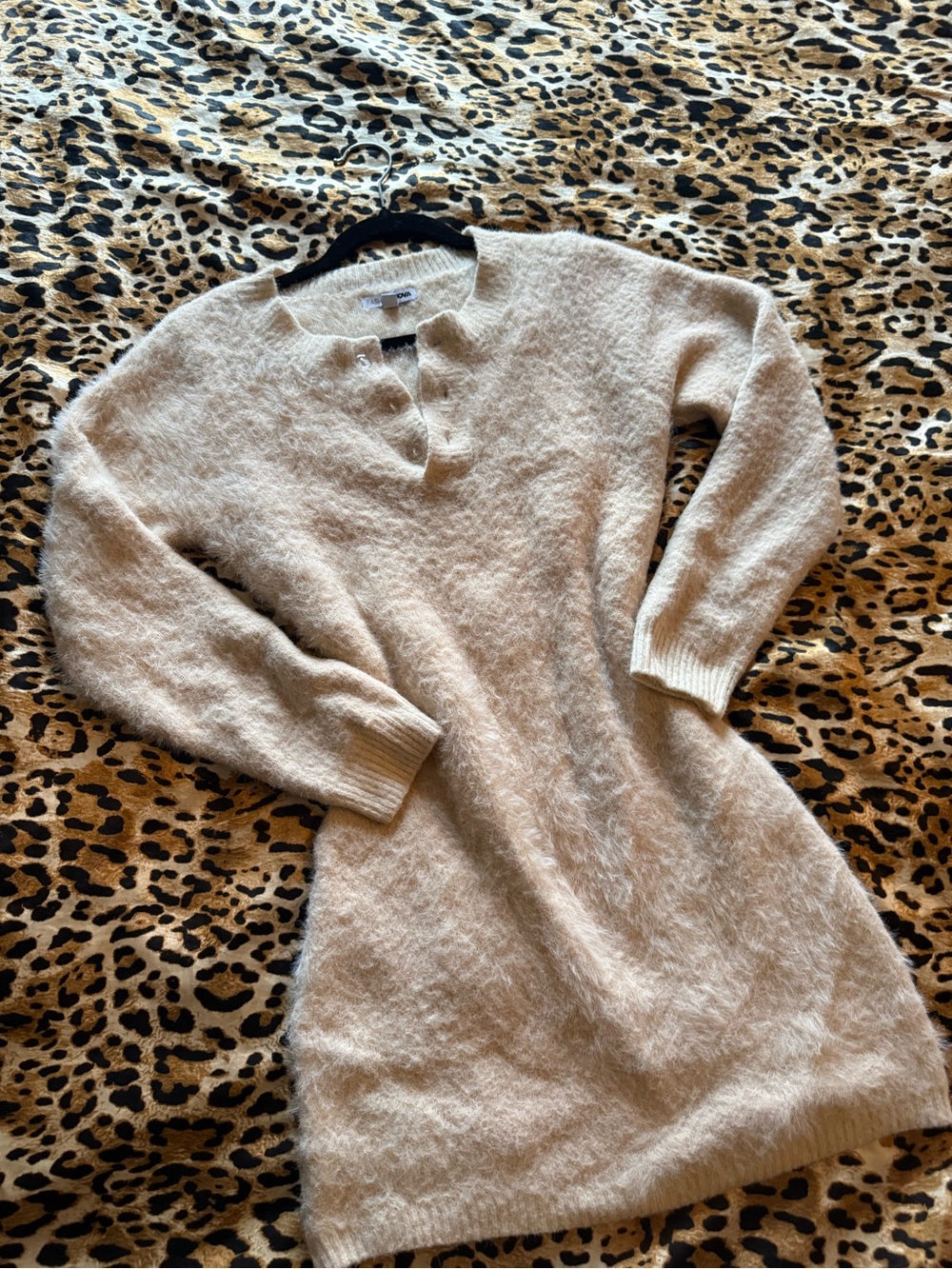 Fashion Nova Cream V-Neck Knit Sweater Dress